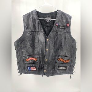 Diamond Plate Buffalo leather bikers vest‎ with patches, side laces size 2XL
